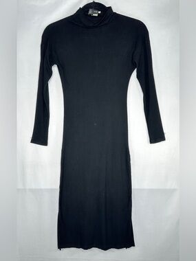 Saturday Sunday Anthropologie Emily Black Ribbed Knit Midi Dress Ruched  Sz S